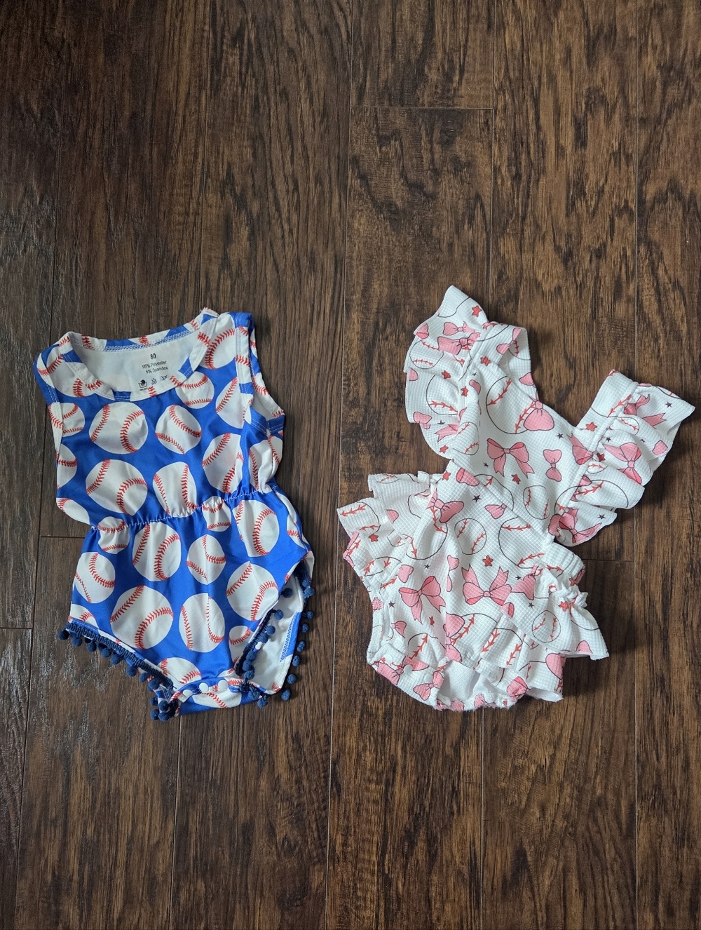 Trendy boutique Pink Ruffle One-Piece & Blue Baseball Print One-Piece